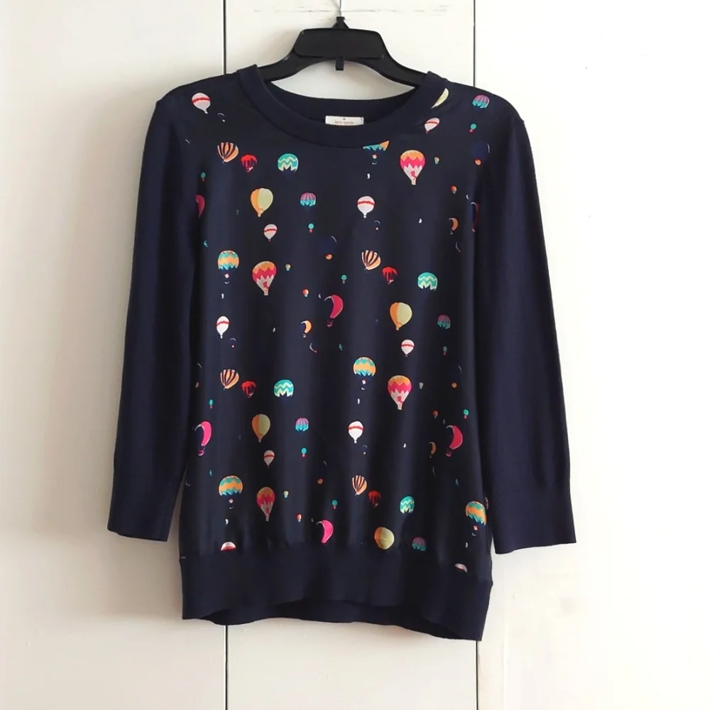 Kate Spade Head in the Clouds Hot Air Balloon Sweater Size Large Blue Multicolor - Picture 1 of 16